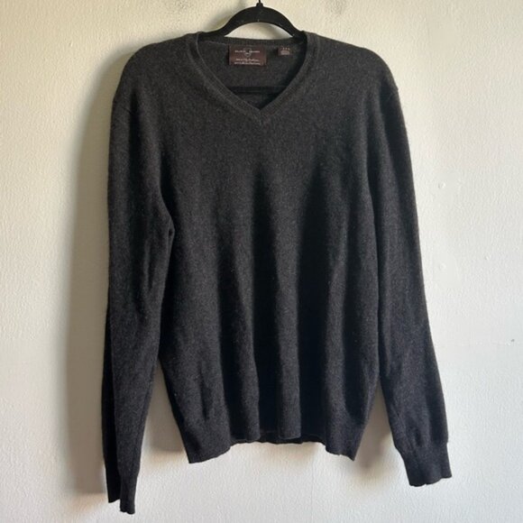 Black Brown Sz L 2 Ply Cashmere Dark Grey V Neck Long Sleeves Sweater - Picture 1 of 9